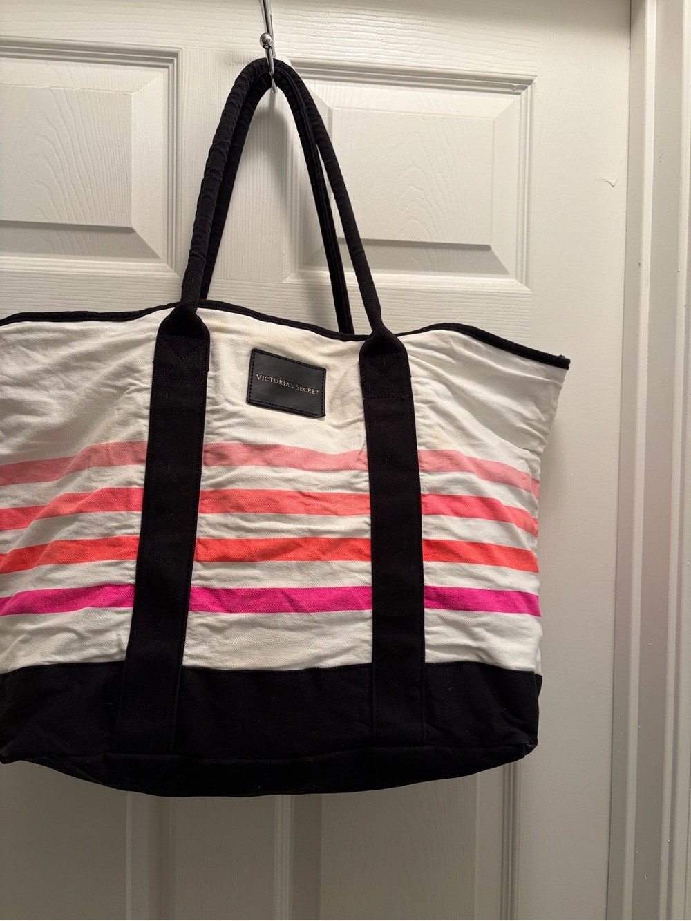 Victoria’s Secret Pink Stripe Canvas Zip Tote Travel Beach Bag